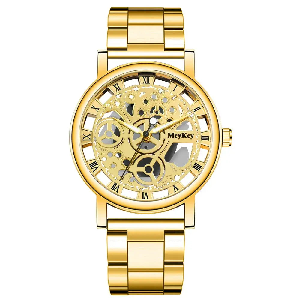 Gold Hollow Skeleton Quartz Watch with Roman Numeral Markers and Metal Link Band by Alcom Distribution