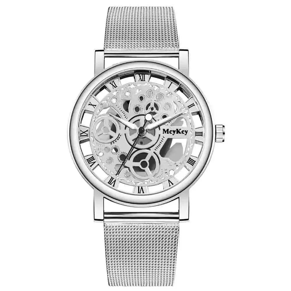 Alcom Distribution silver Hollow Skeleton Quartz Watch with mesh band and visible mechanical gears