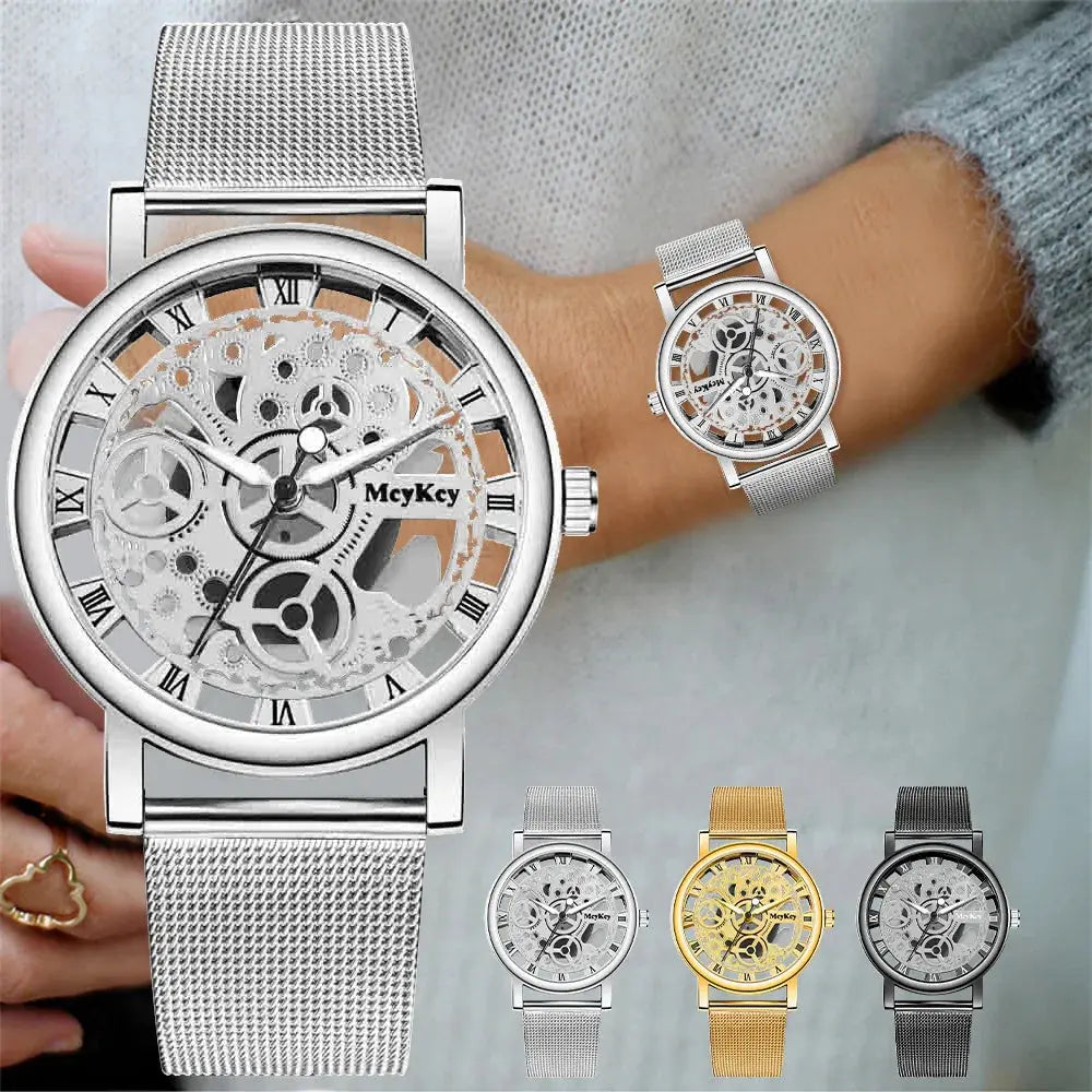 Alcom Distribution Hollow Skeleton Quartz Watch with silver mesh strap and visible mechanical gears