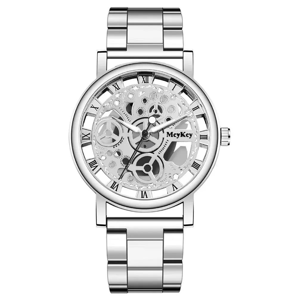 Alcom Distribution Hollow Skeleton Quartz Watch with silver metal band and visible mechanical gears