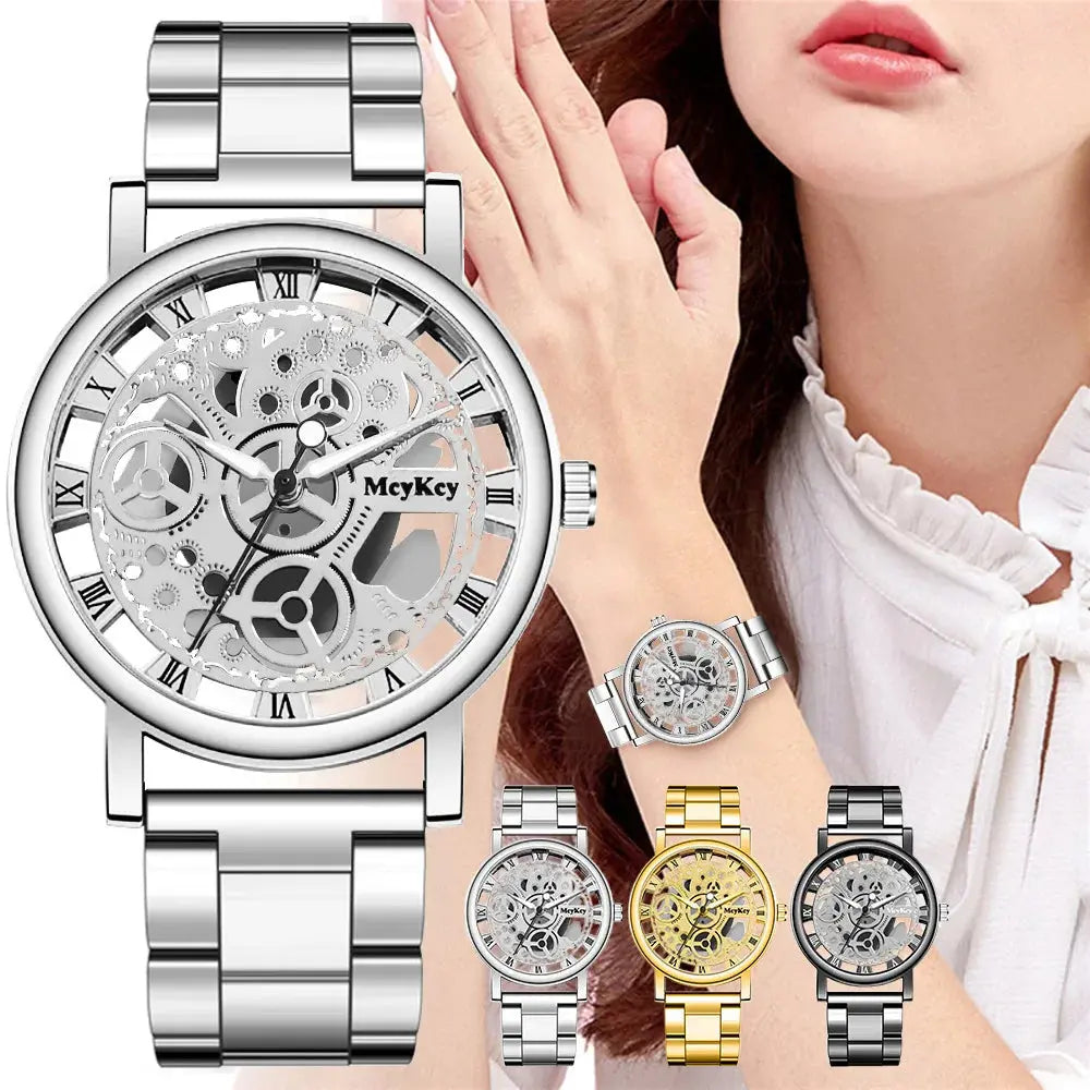 Alcom Distribution Hollow Skeleton Quartz Watch with silver metal band and mechanical dial design