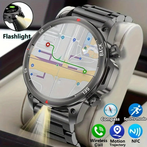 Alcom Distribution men's GPS smartwatch with voice assistant showing navigation map and flashlight feature