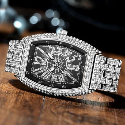 Mens iced out watch silver black with sparkling crystals and a bold compass design on the face