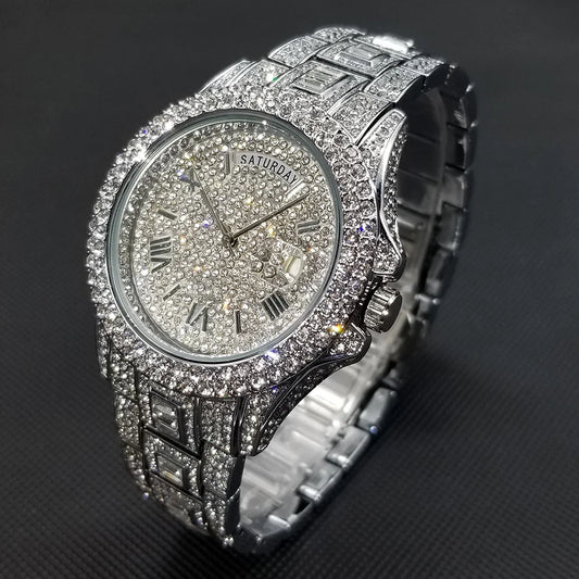 Men's waterproof diamond watch by Alcom Distribution with silver band and sparkling diamonds