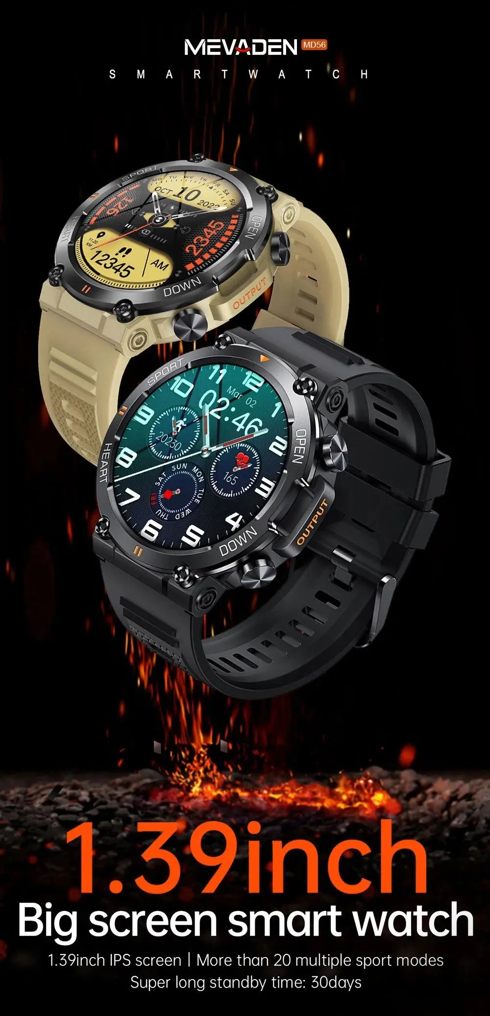 MEVADEN smart watch fitness tracker by Alcom Distribution showing two rugged black and beige 1 39 inch screen sport watches
