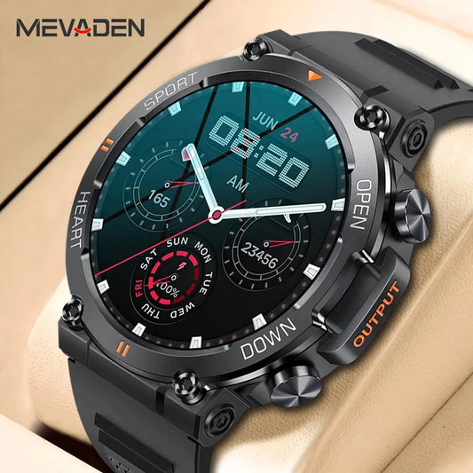 MEVADEN smart watch fitness tracker rugged black round touchscreen watch with multi function dials and silicone strap