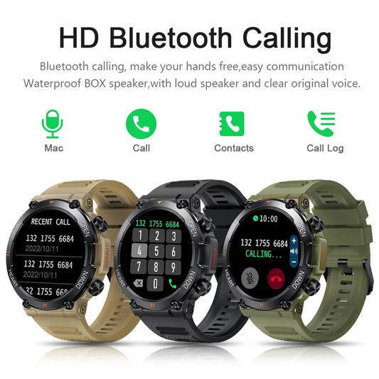 MEVADEN smart watch fitness tracker rugged Bluetooth calling watches in tan black and green showing call screens