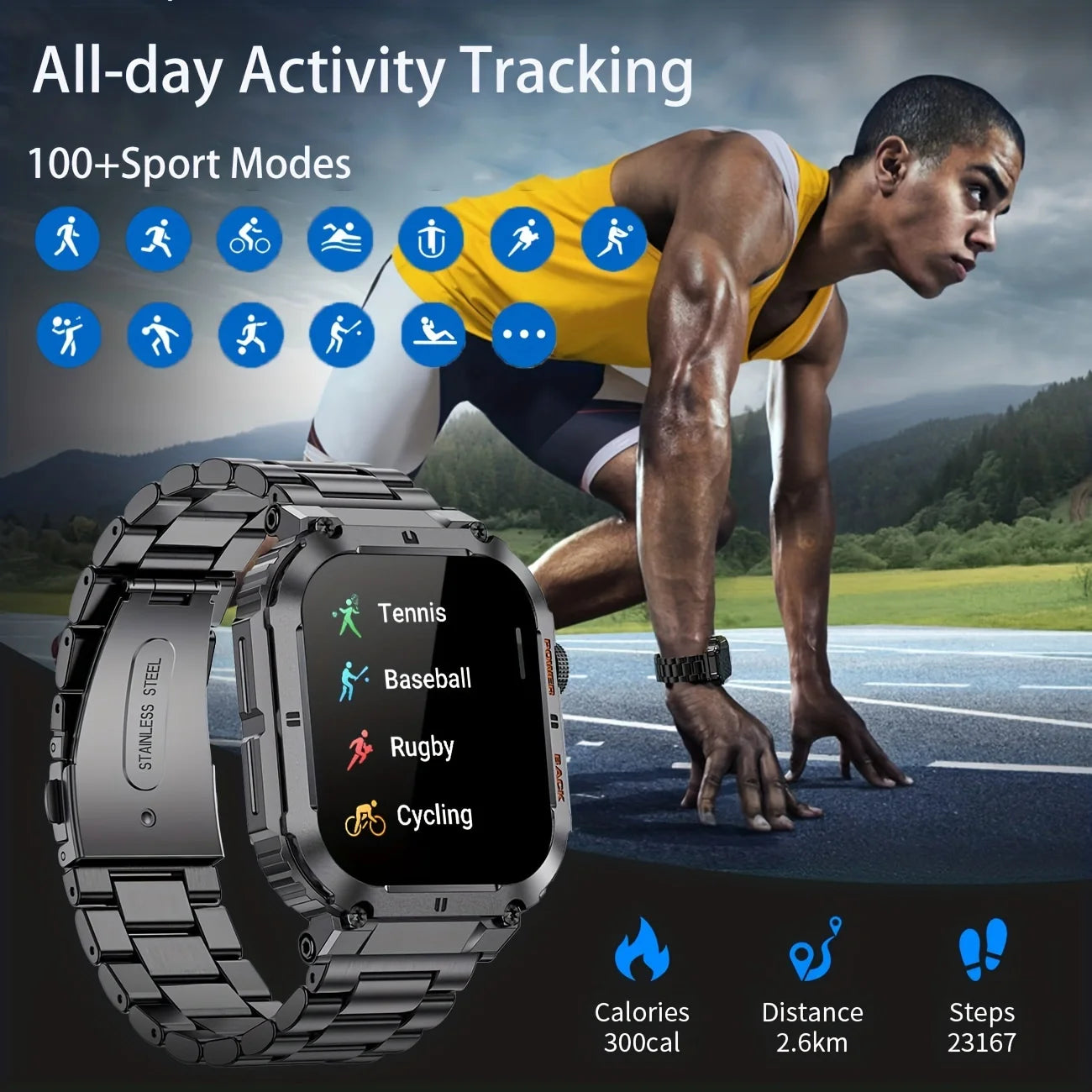 Military tactical smartwatch rugged with all-day activity tracking and over 100 sport modes by Alcom Distribution