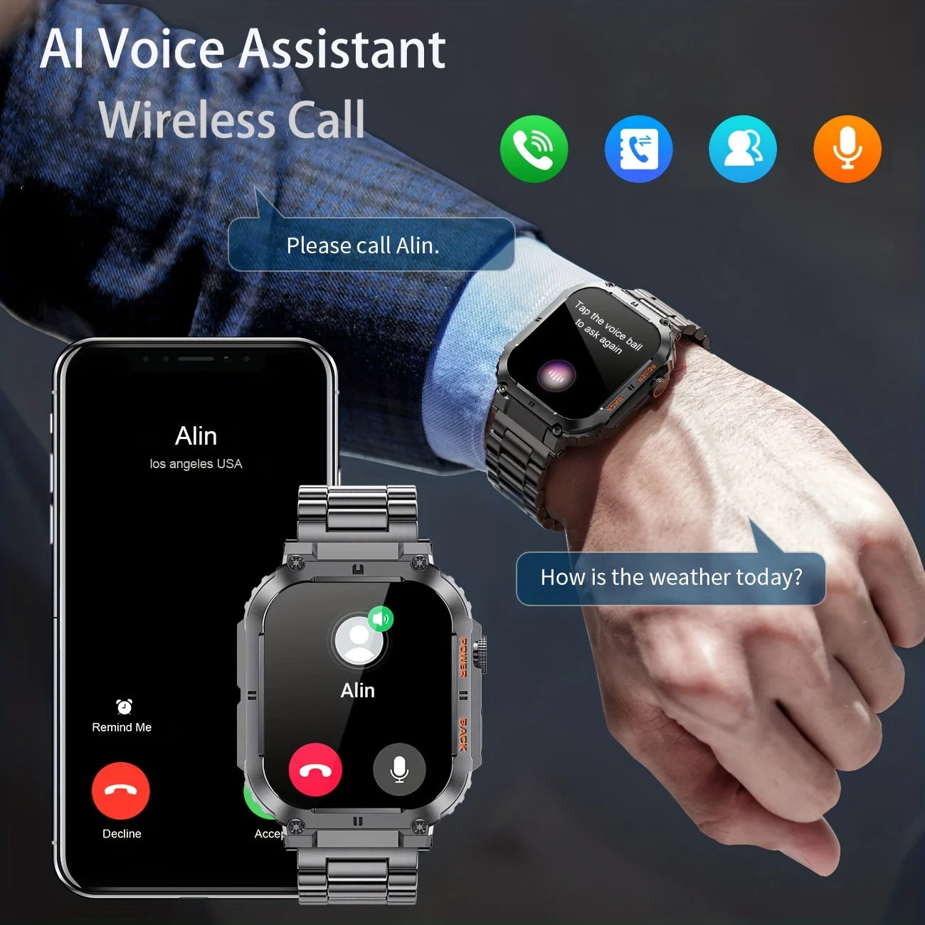 Alcom Distribution military tactical smartwatch rugged with AI voice assistant and wireless call features