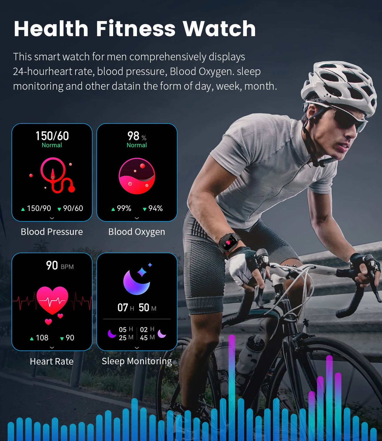 Military tactical smartwatch rugged worn by cyclist showing health fitness metrics like blood pressure and sleep monitoring