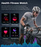 Military tactical smartwatch rugged worn by cyclist showing health fitness metrics like blood pressure and sleep monitoring