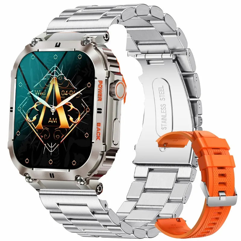 Alcom Distribution military tactical smartwatch rugged with stainless steel band and orange silicone strap