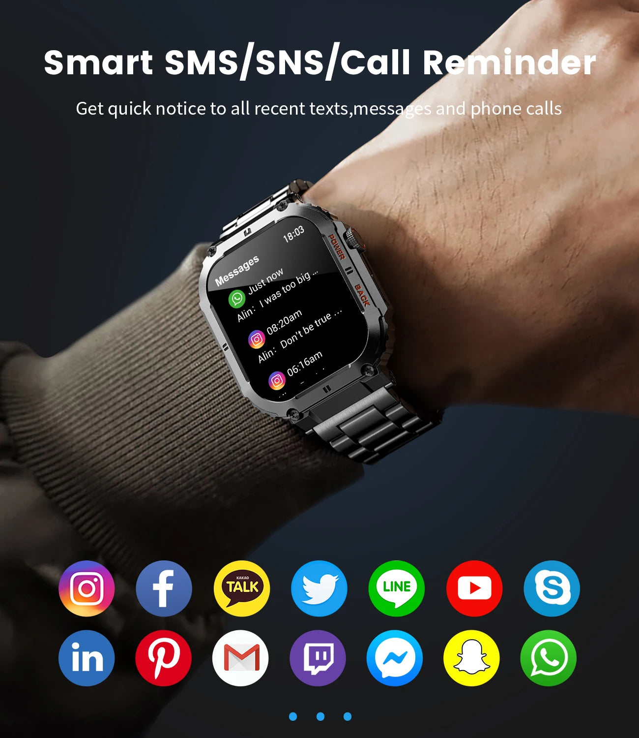 Alcom Distribution military tactical smartwatch rugged with steel band showing smart SMS and call reminders