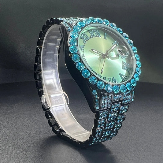 Waterproof quartz men's watch with black band and blue crystal accents on bezel and strap