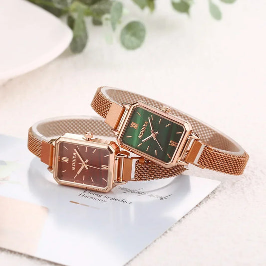 Alcom Distribution rose gold fashion ladies watch two mesh band rectangular dials green and brown faces