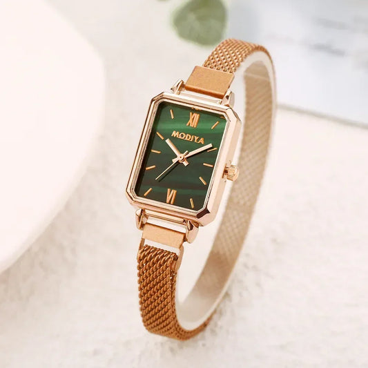 Modern rose gold fashion ladies watch with rectangular green dial and mesh bracelet for elegant wear