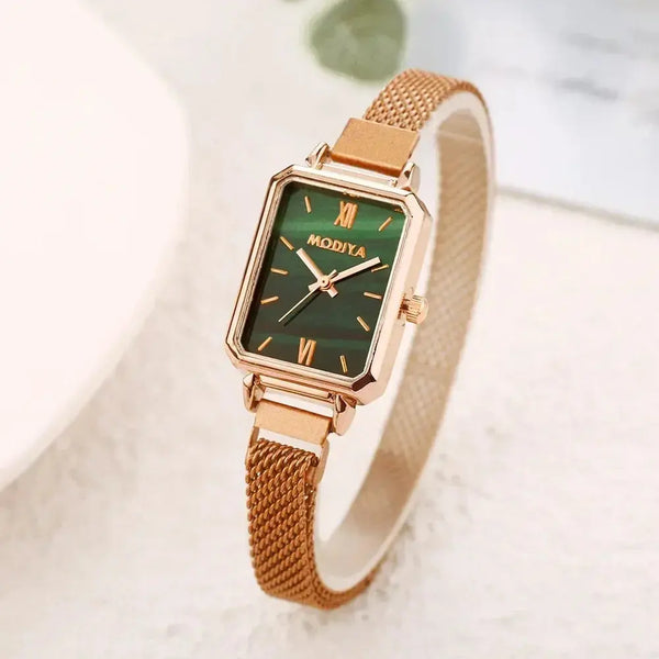 Modern rose gold fashion ladies watch with rectangular green dial and mesh bracelet for elegant wear