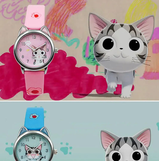 Alcom Distribution cute cat pattern girls watch with pink and blue straps featuring cat ears on the case