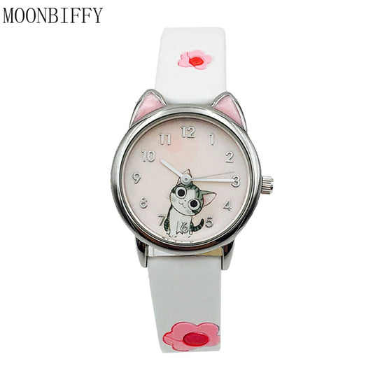 Cute cat pattern girls watch with white band and pink flower details by Alcom Distribution