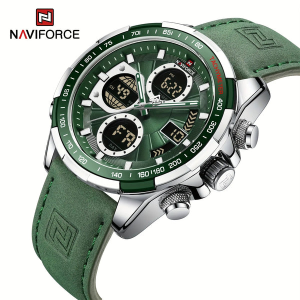Green leather waterproof watch for men by Alcom Distribution with silver case and digital chronograph