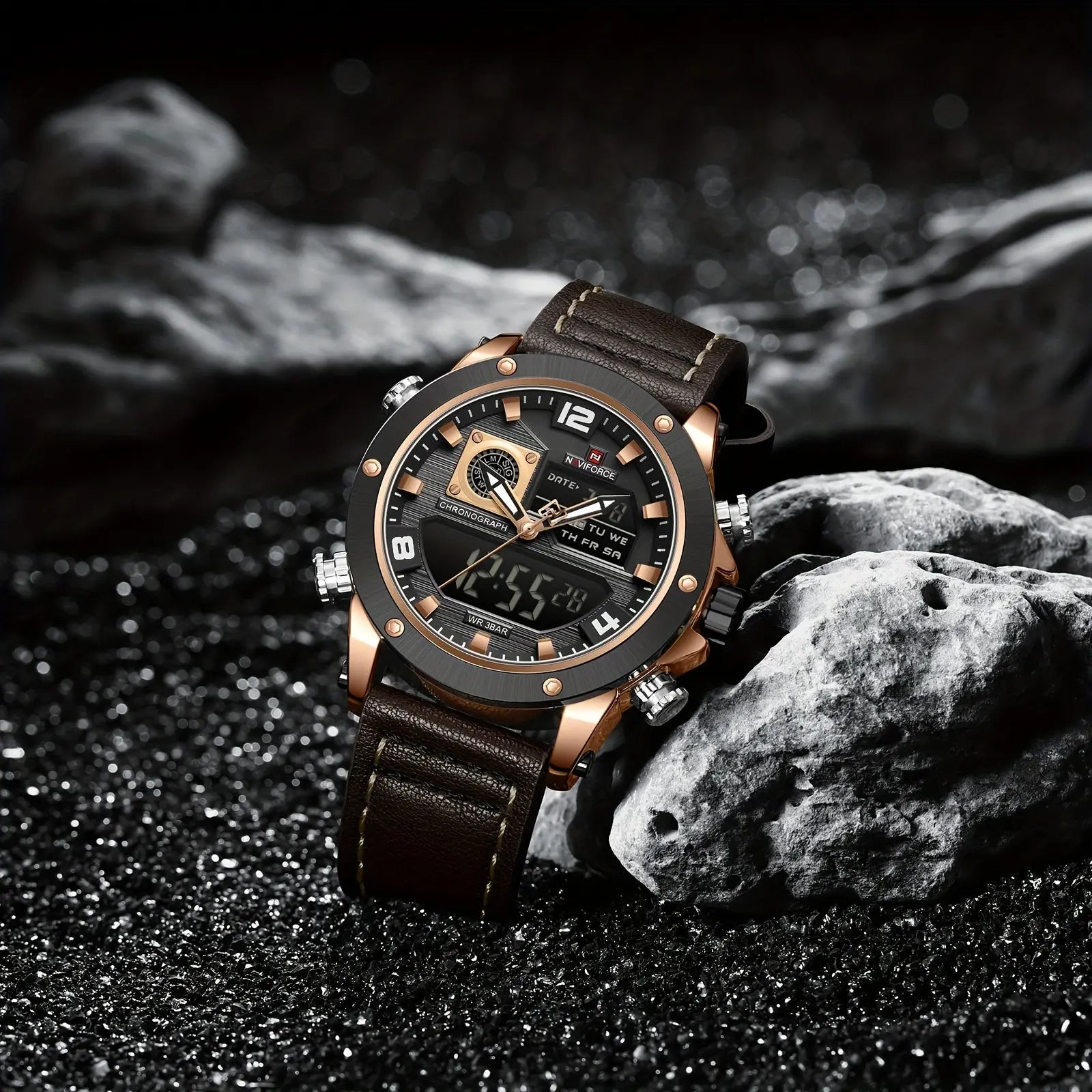 Alcom Distribution luminous sports watch for men with brown leather strap and multifunction dial