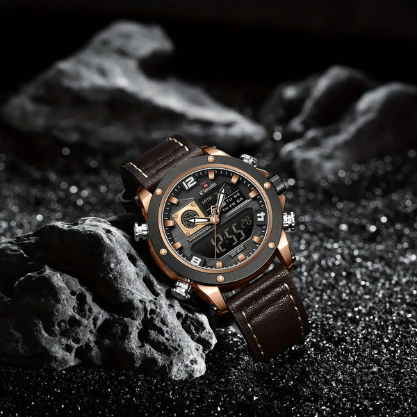 Luminous sports watch for men with brown leather strap and digital-analog display by Alcom Distribution