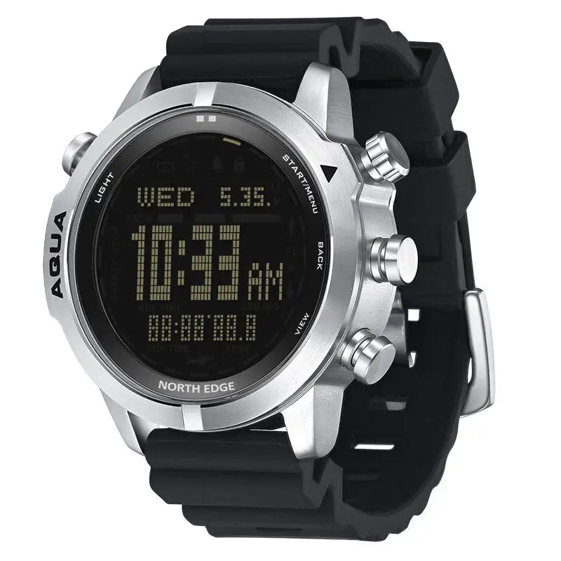 Alcom Distribution dive watch with digital compass featuring black rubber strap and silver stainless steel case