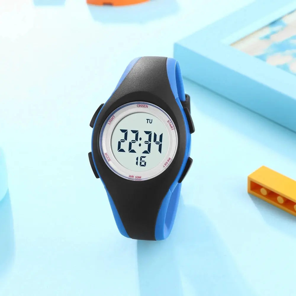 Alcom Distribution kids sport digital watch in black and blue with easy-to-read digital display