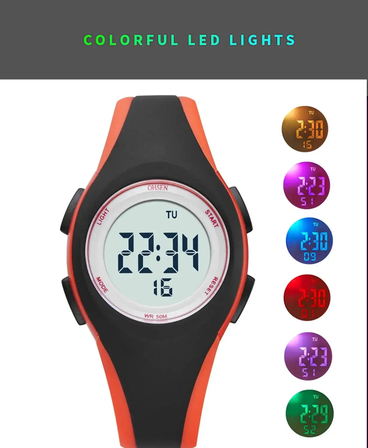 Kids sport digital watch by Alcom Distribution with colorful LED lights and black and orange band