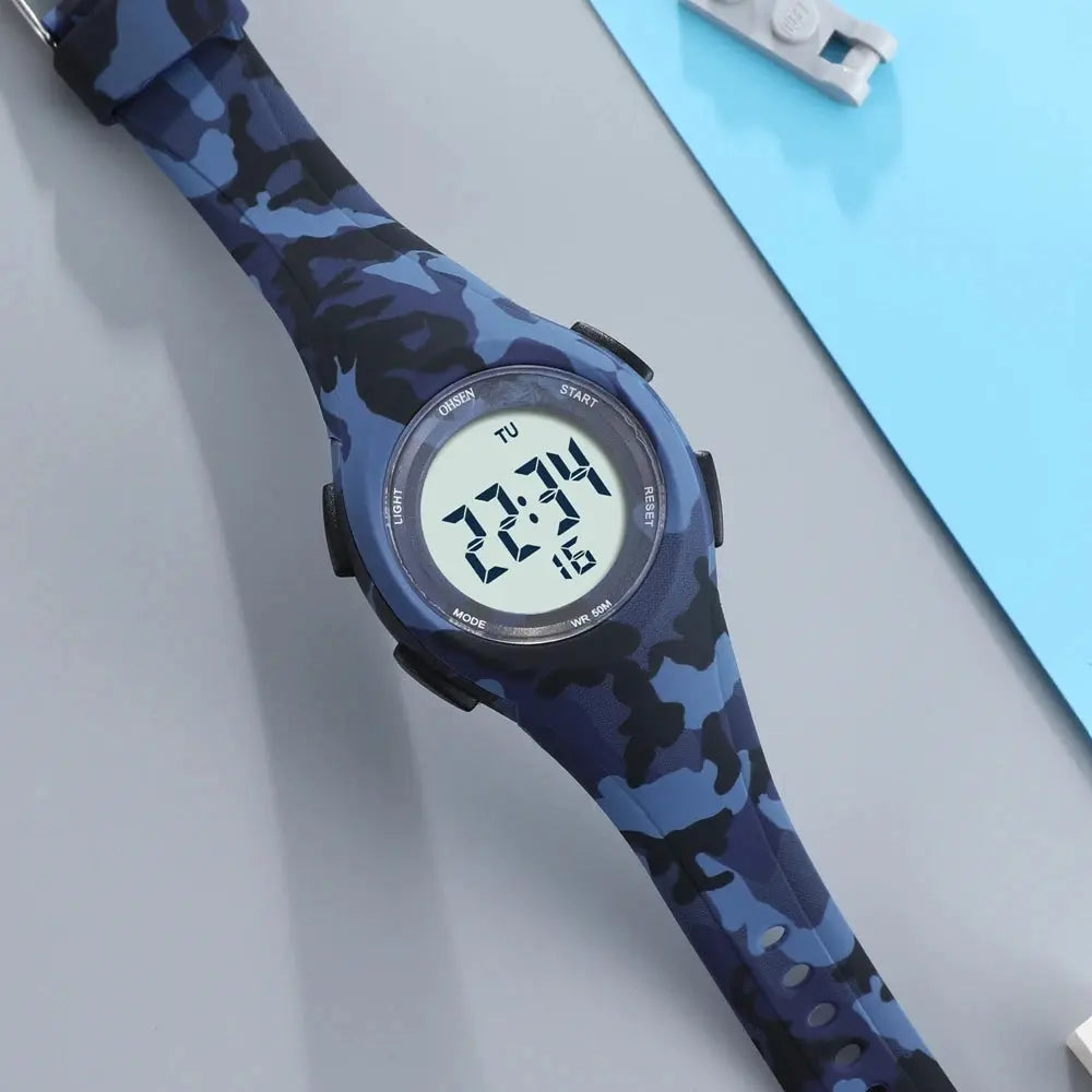 Alcom Distribution kids sport digital watch with blue camouflage strap and round digital display