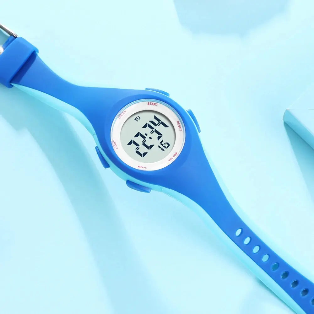 Blue kids sport digital watch by Alcom Distribution with adjustable strap and clear display