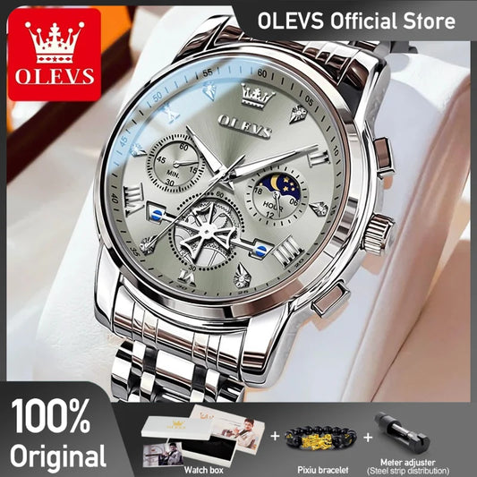 OLEVS silver classic multifunctional watches with metal band and detailed multi-dial face
