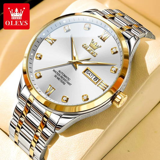 OLEVS diamond business watch with silver and gold stainless steel band and white dial