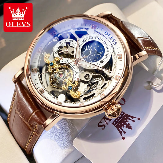 OLEVS luxury skeleton watch with intricate mechanical design and brown leather strap