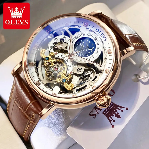 OLEVS luxury skeleton watch with intricate mechanical design and brown leather strap