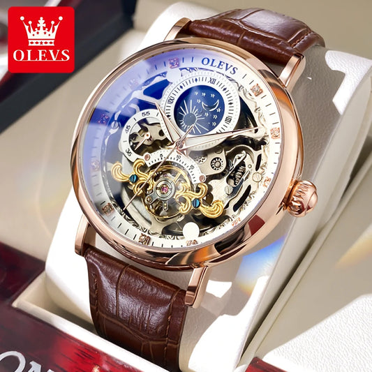 Olevs luxury skeleton watch with rose gold case and brown leather strap by Alcom Distribution