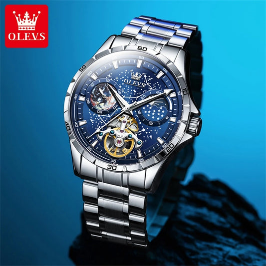 OLEVS mechanical watch for men with blue dial and stainless steel bracelet by Alcom Distribution