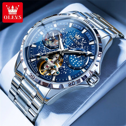 OLEVS mechanical watch for men with blue dial and silver stainless steel strap