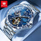 OLEVS mechanical watch for men with blue dial and silver stainless steel strap