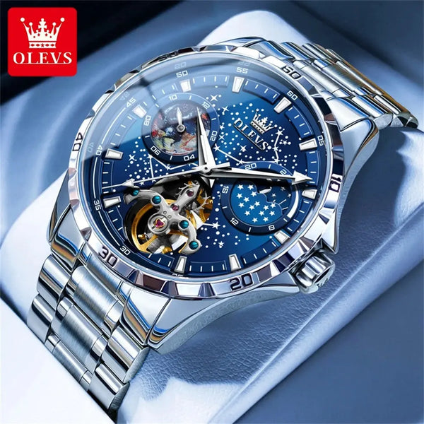 OLEVS mechanical watch for men with blue dial and silver stainless steel strap