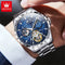 OLEVS mechanical watch for men with stainless steel band and blue dial showing open gear design