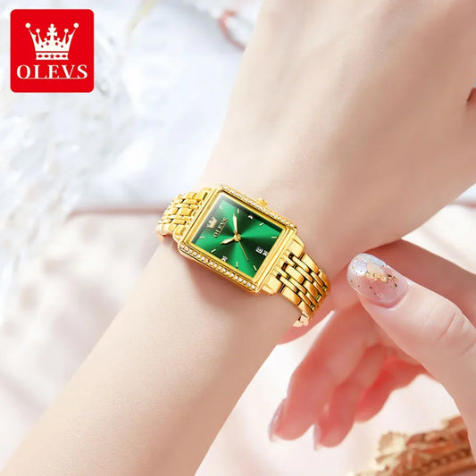 OLEVS quartz watch for women gold bracelet with green square dial and crystal accents