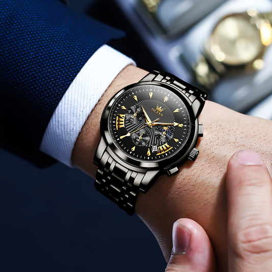 OLEVS waterproof quartz watch with black metal band and gold accents on wrist