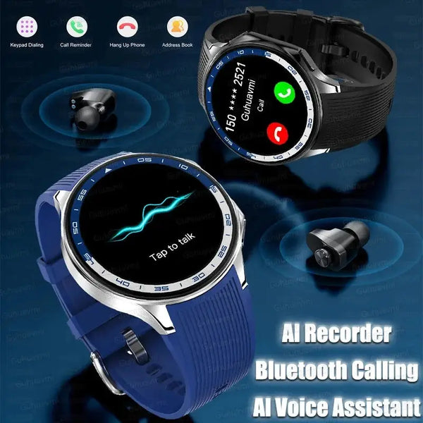 OPPO Watch X AMOLED smartwatch with blue and black bands showing call and AI voice assistant features
