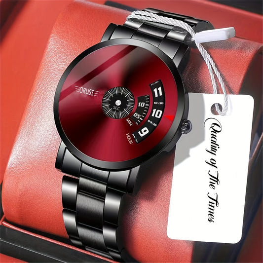 ORUSS luminous men's watch with black metal band and red dial, displayed on orange cushion