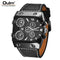 Oulm luxury multi time zone watch with black leather strap and multiple dials by Alcom Distribution