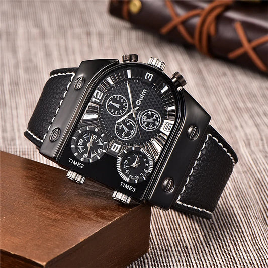 Luxury multi time zone watch by Alcom Distribution with black leather strap and multiple dials