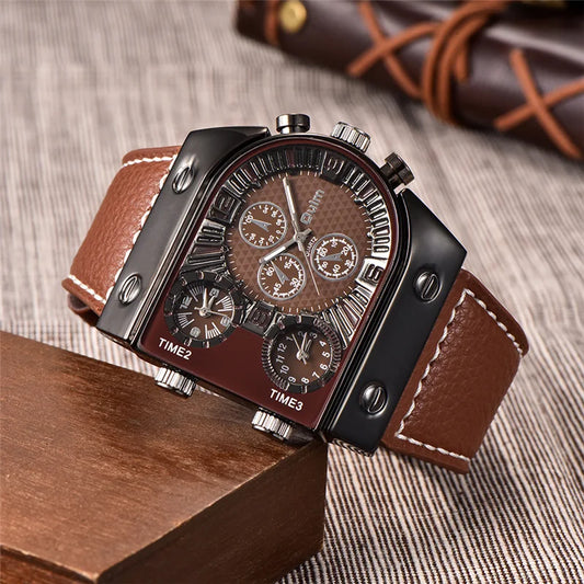 Luxury multi time zone watch with brown leather strap and multiple dials by Alcom Distribution