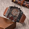 Luxury multi time zone watch with brown leather strap and multiple dials by Alcom Distribution