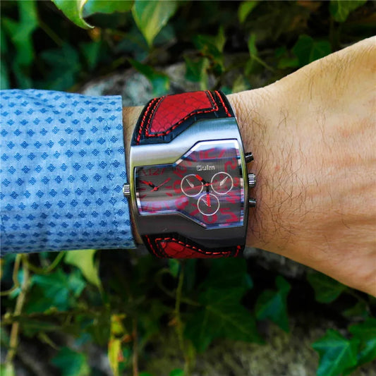 Alcom Distribution men's dual time wristwatch with red leather accents and stainless steel case on wrist